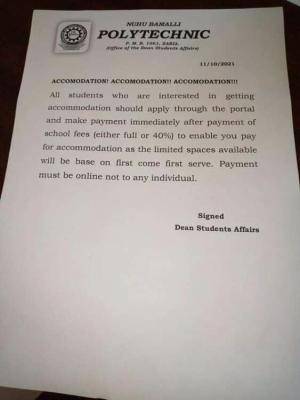 Nuba Poly notice to students on hostel accommodation