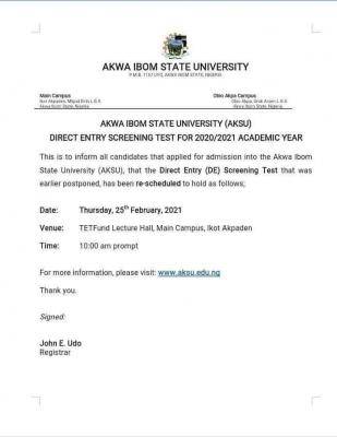 AKSU new date for direct entry screening exercise, 2020/2021