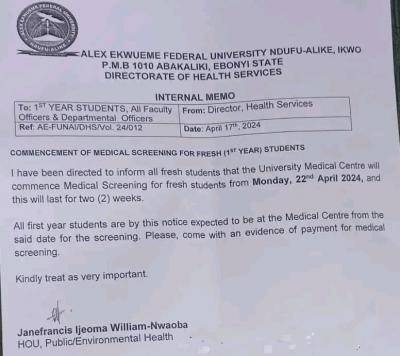 AE FUNAI notice on commencement of medical screening for fresh students