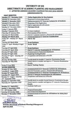 UNIJOS adjusted academic calendar, 2025/2026