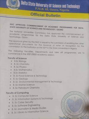 Delta State University of Science and Technology, Ozoro receives NUC's approval