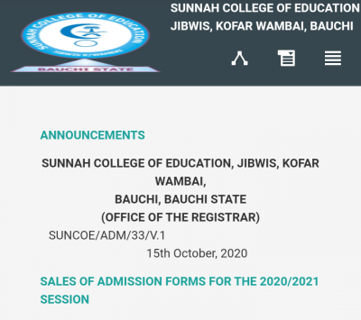 Sunnah College of Education admission forms for 2020/2021 session