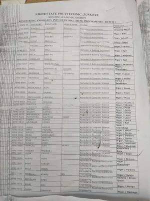 Niger State Poly 1st Batch Remedial admission list for 2020/2021