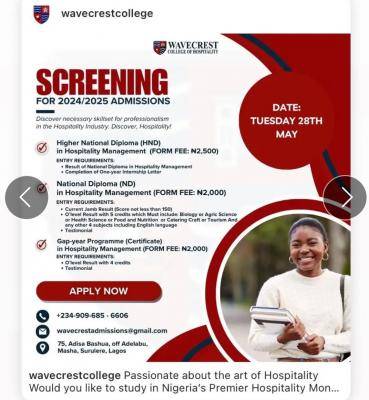 Wavecrest College of Hospitality Admission Screening Exercise, 2024/2025