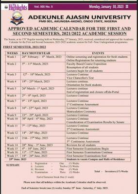 AAUA approved academic calendar, 2021/2022 academic session