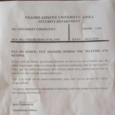 UNIZIK security department issues ban on Knock-Outs (Bangers) During Yuletide and Beyond