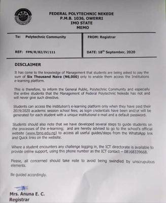 Federal Polytechnic Nekede notice to students concerning the e-learning platform