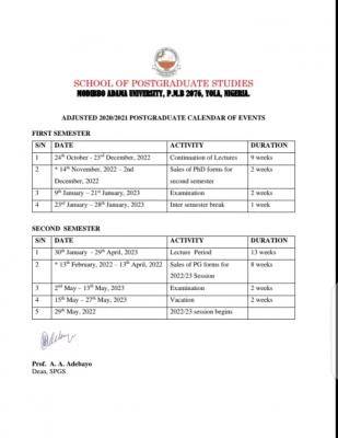 MAUTECH adjusted postgraduate academic calendar, 2020/2021