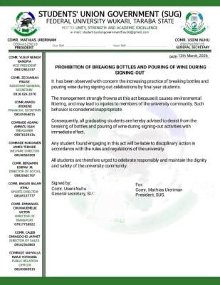 FUWUKARI SUG bans wild activities by students during signing-out celebrations