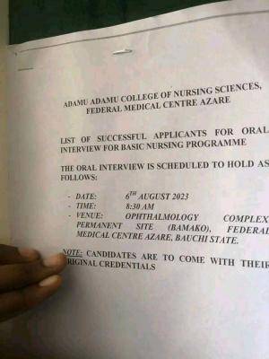 Adamu Adamu College of Nursing FMC, Azare list of applicants for Basic Nursing interview - 2023