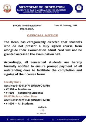 UNIUYO Faculty of Basic Medical Science notice to students on payment of dues