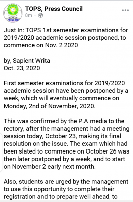 TOPS Announces Postponement of 1st-Semester Exams