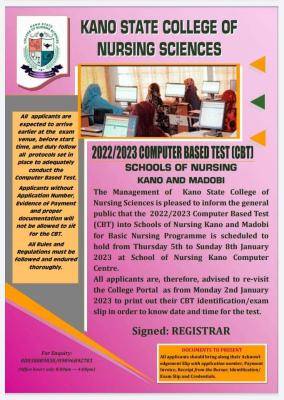 Kano State College of Nursing Science Entrance Examination, 2022/2023
