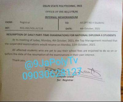 OSPOLY notice to Daily Part Time students on resumption of examination