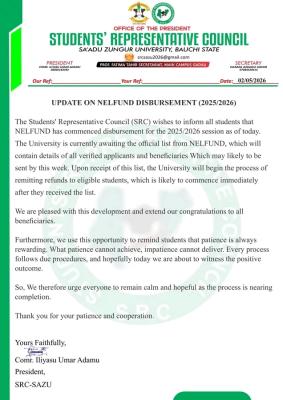 Sa'adu Zungur University SRC issues update to students on NELFUND disbursement