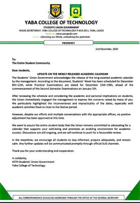 YABATECH SUG issues update on newly released academic calendar