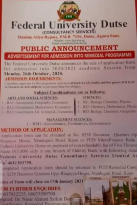 FUDutse Pre-degree/Remedial admission form for the 2020/2021 session