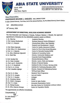 ABSU appoints 22 directors for 2025/2026 session