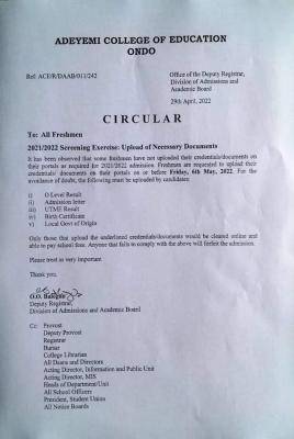 ACEONDO notice to new students on uploading of necessary documents