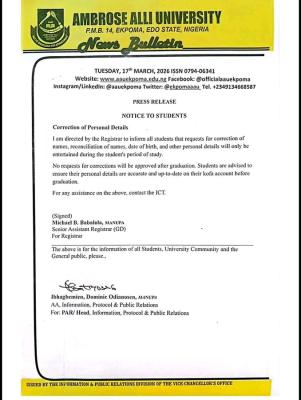 AAU notice to Students on Correction of Personal Details
