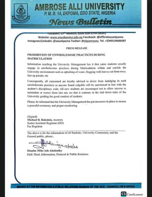 AAU notice on prohibition of unwholesome practices during matriculation