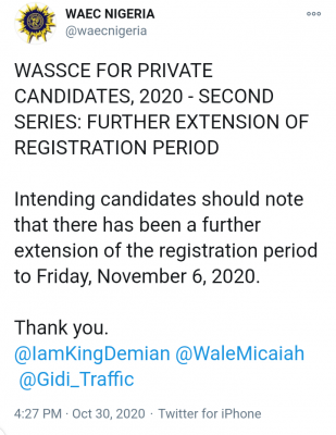 WAEC extends 2020 GCE registration deadline (2nd Series)