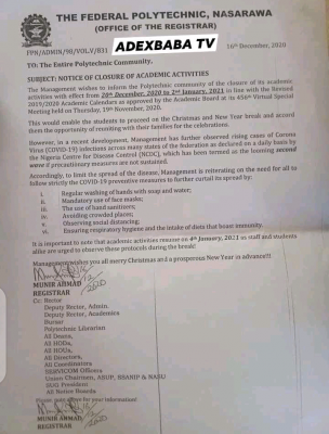 Fed Poly Nasarawa notice on closure of academic activities