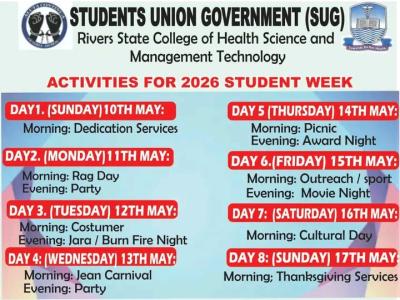 Rivers State College of Health Sciences & Tech. SUG releases 2026 student week schedule
