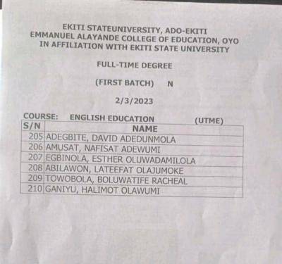 EACOED-EKSU 1st batch degree continuation admission list, 2022/2023