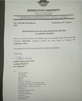 BOSU notice on resumption of second semester, 2021/2022