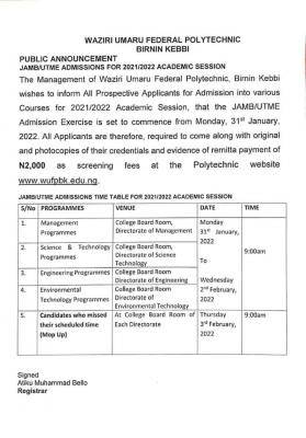 Waziri Umaru Federal Polytechnic Screening Exercise Date for ND Applicants, 2021/2022