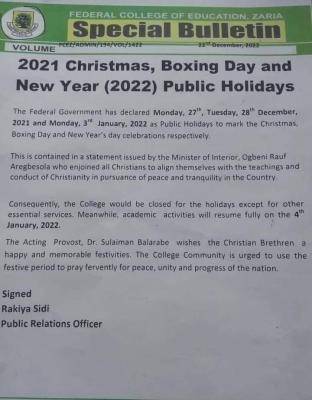 FCE Zaria notice on public Holiday