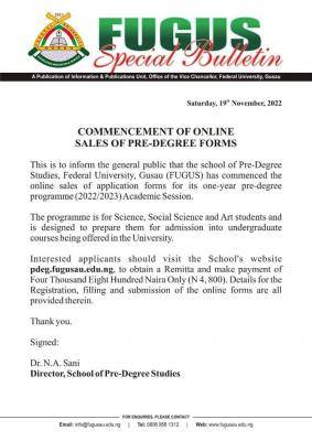 FUGUSAU announces Pre-Degree admission