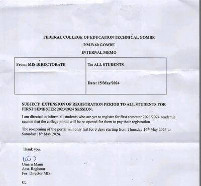 FCE (Tech) Gombe notice on extension of registration period for 1st semester, 2023/2024