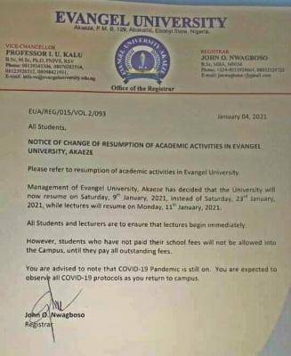 Evangel University notice on resumption of academic activities