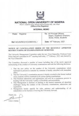 NOUN cancels new policy that restricts exam process to semester by semester