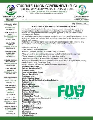 FUWUKARI SUG releases updated list of certified off-campus accommodation agents