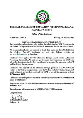 Federal College of Education (Technical) Keana Releases Admission List, 2025/2026