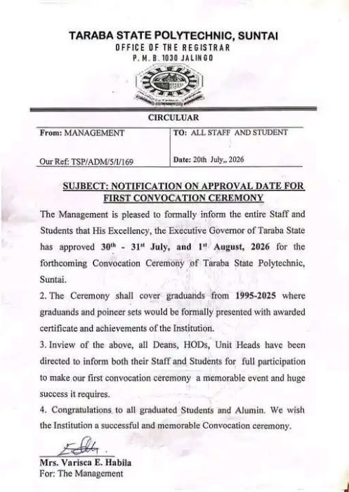 Taraba State Polytechnic announces 1st Convocation Ceremony