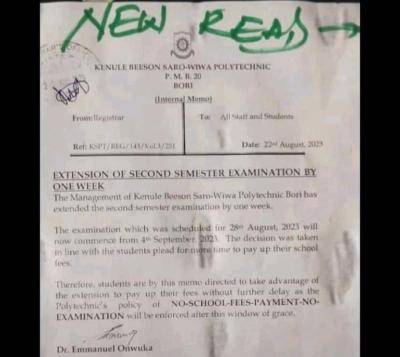 KENPOLY notice on extension of 2nd semester exam by one week