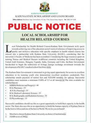 Kaduna State scholarship for health-related courses