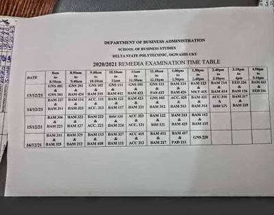 Delta Poly Ogwashiuku remedial examination timetable, 2020/2021