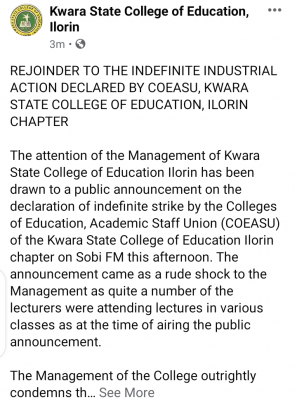 Kwara State College of Education clarifies news on indefinite strike