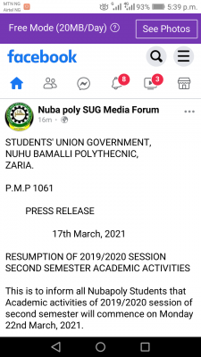 NUBAPOLY 2nd semester resumption for 2019/2020 session