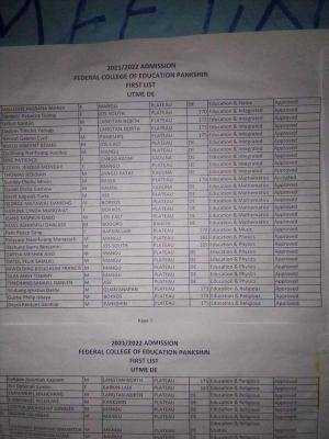 FCE Pankshin first batch admission list, 2021