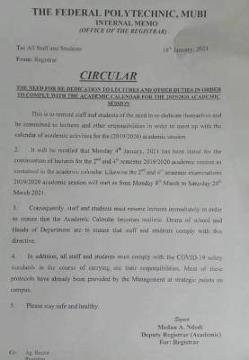 Fed Poly, Mubi notice to staff and students