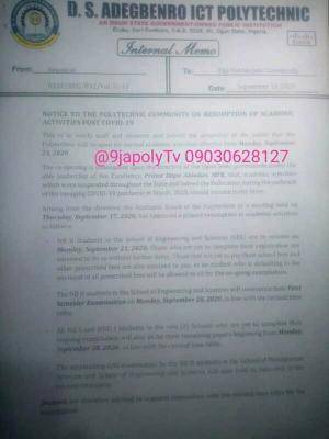D.S. Adegbenro ICT Poly announces resumption date