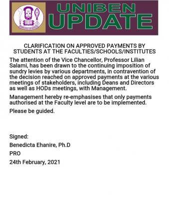 UNIBEN notice on approved faculty payments by students