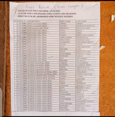 Niger State Poly 1st Batch Part-time admission list for 2020/2021