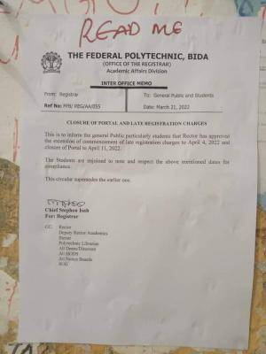 Fed Poly Bida notice on closure of portal and late registration charges
